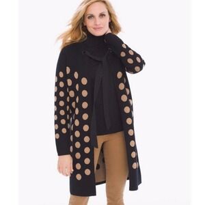 Chicos Polka Dot Millie Cardigan Sweater Black Tan Long Sleeve Duster Women 2 12